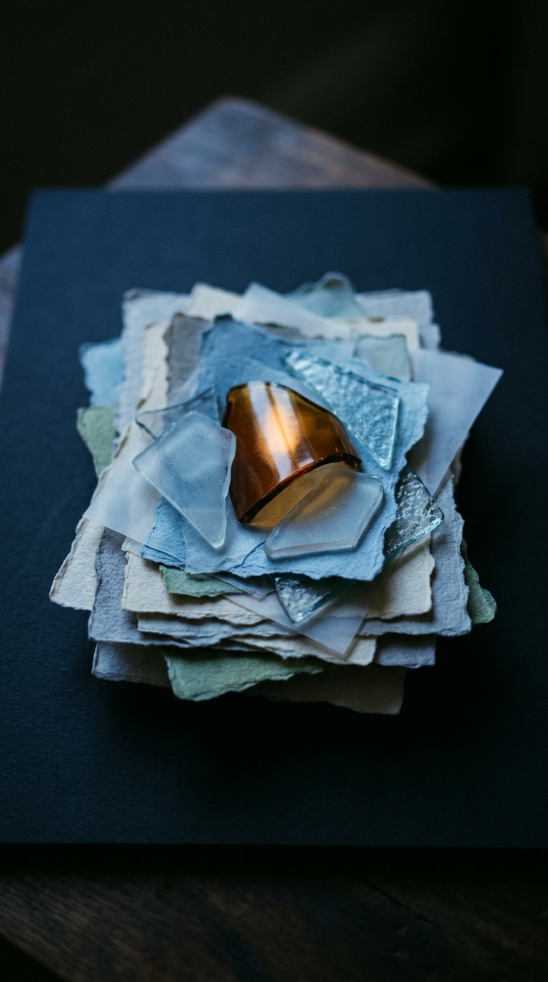 Illustration of layered paper and glass in blue and amber light