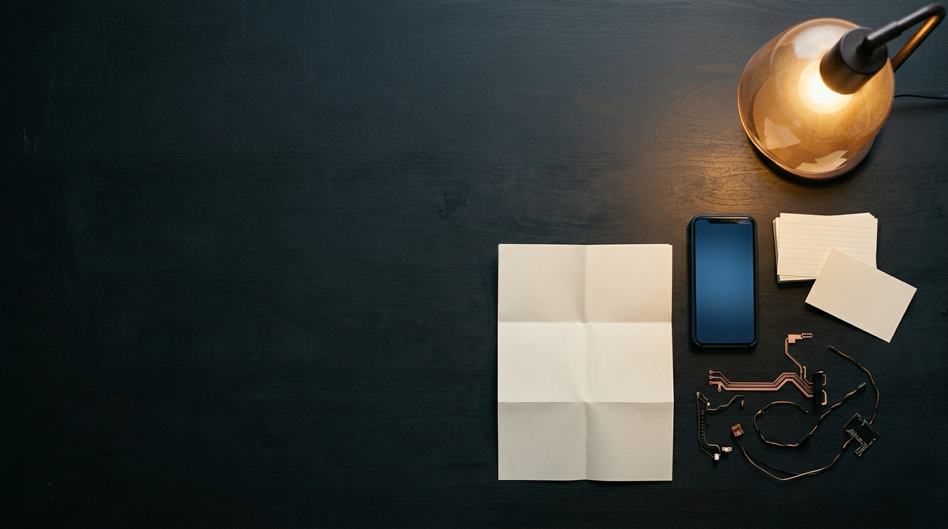 An unbranded editorial desk with a paper brief, phone, index cards, and circuit traces